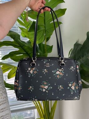 Coach Etta Carryall Rose Bouquet Navy Pebbled Leather Bag